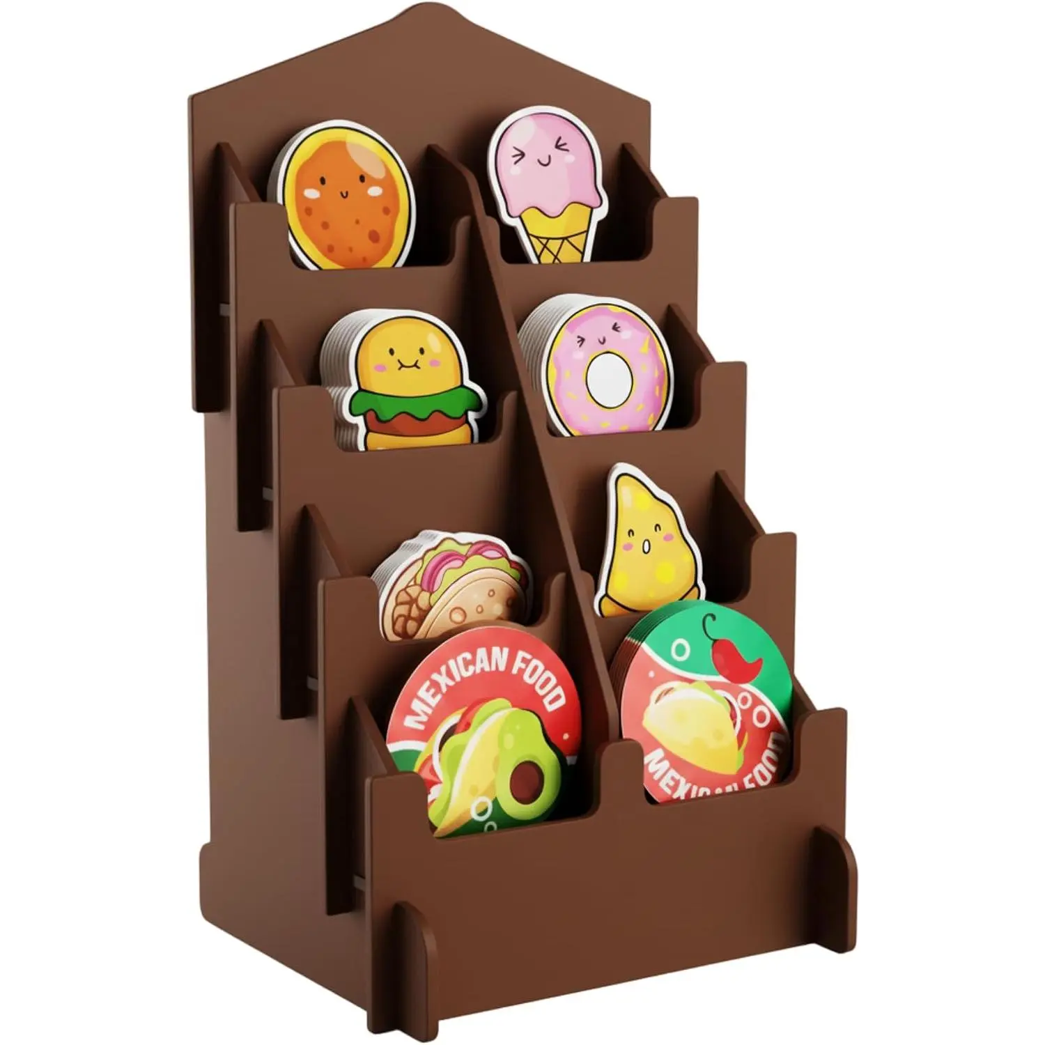 Sticker Display Stand with Curved Pockets for Big 4'' Stickers | Brochure Holder with Customizable Space | Display Stands for Vendor Events | Ideal for Small Business Vendors (Brown, Small)