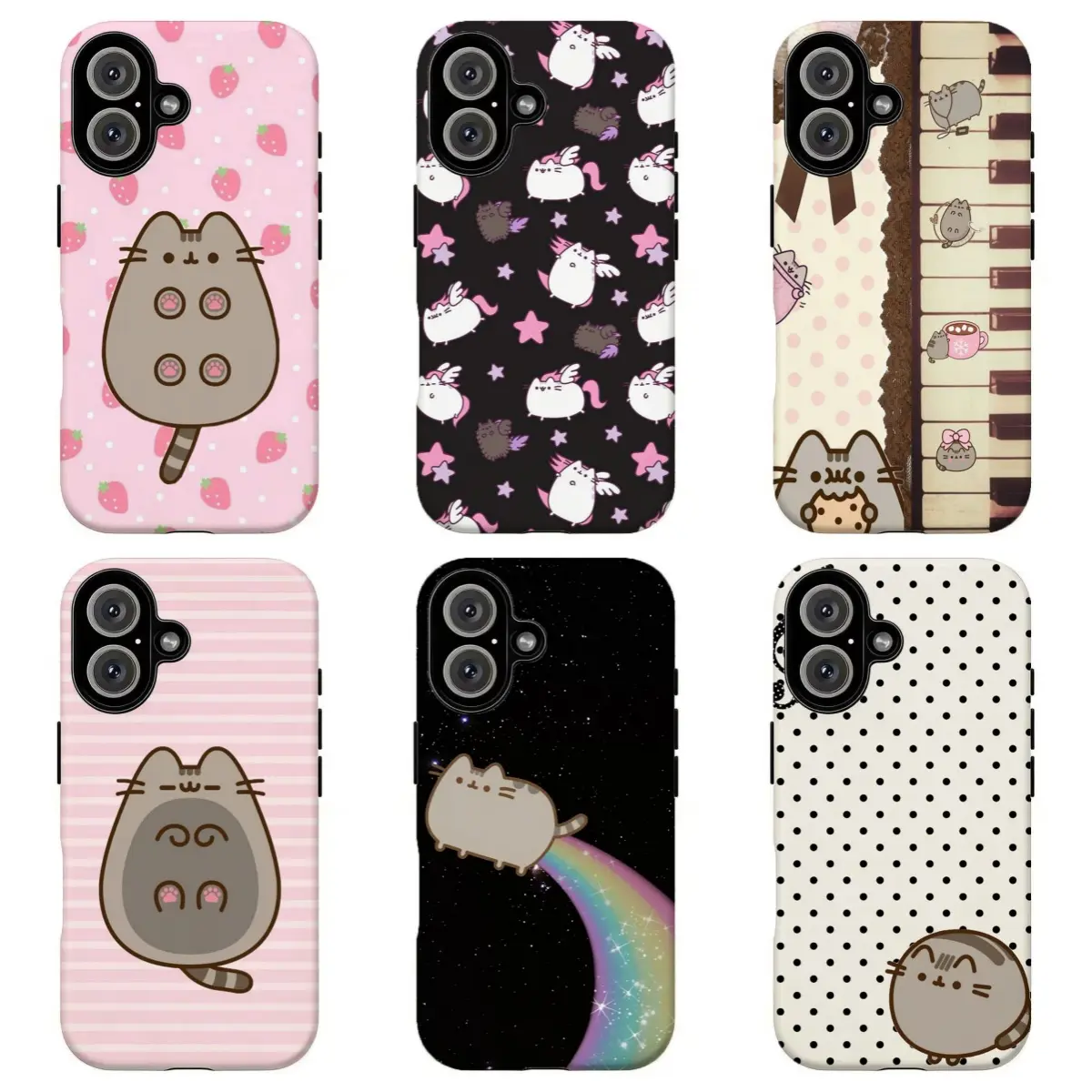 FL-Cute Pushe3n Cat Phone Case,Kawaii Kitty Strawberry Rainbow Design,Piano Dessert Polka Dot Stripe Design Protective Cover For iPhone 17 Pro Max 16 15 14 13 12 11 8 7 Plus for Samsung S26 Ultra S25 24 23 22 21 Case-Perfect Holiday Gift for her/him/fans,