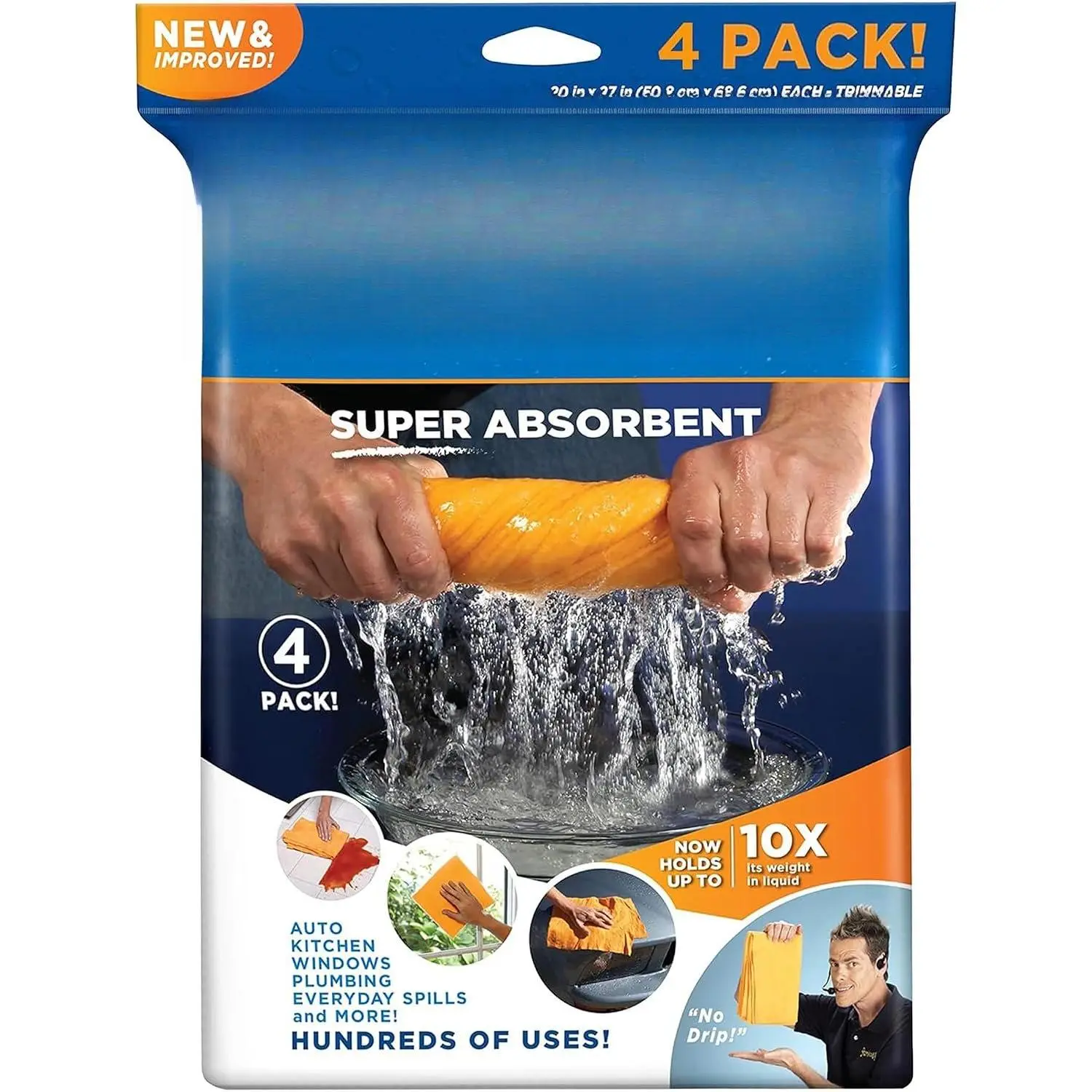 4pk (20"x27") Shammy Super Absorbent Multi-Purpose  Cleaning, Chamois Towel for , Lint-Free, Streak-Free & Scratch-Free, Holds 10x Its Weight, Machine Washable, Orange