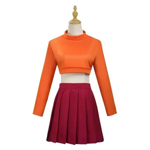 Anime Velma Seragam Cosplay Kostum Orange jupe courte uniforme Wanita Oranye Kaus Kaki Rok Atas Halloween fête carnaval ensemble