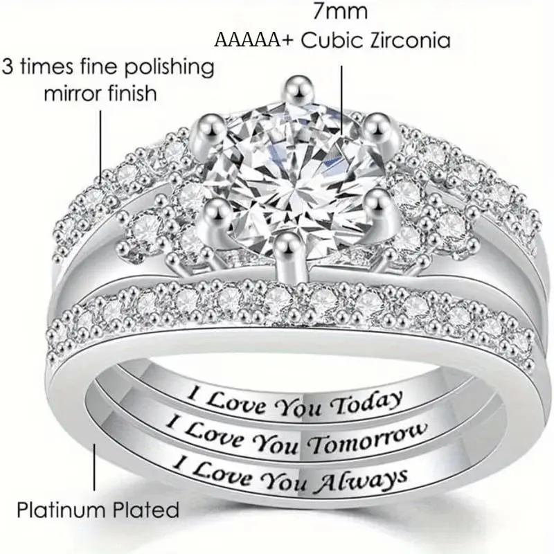 Women's 925 Sterling Silver 3-Piece Engagement Ring Set - 6-Claw Setting, Zirconia Center, Love Inscriptions "I Love You Today, Tomorrow, Always", Gift with Included Gift Box