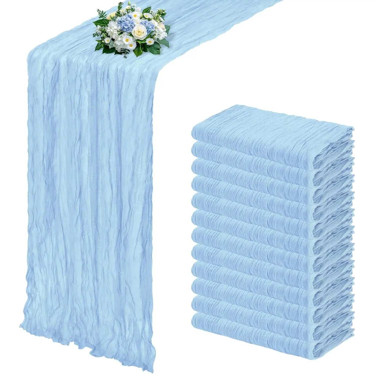 12-Pack Baby Blue Semi-Sheer Boho Gauze Cheesecloth Long Runner, 17x108 in Loose Drape Table Runners for Wedding, Home Decor, All Seasons Farmhouse Garden Use