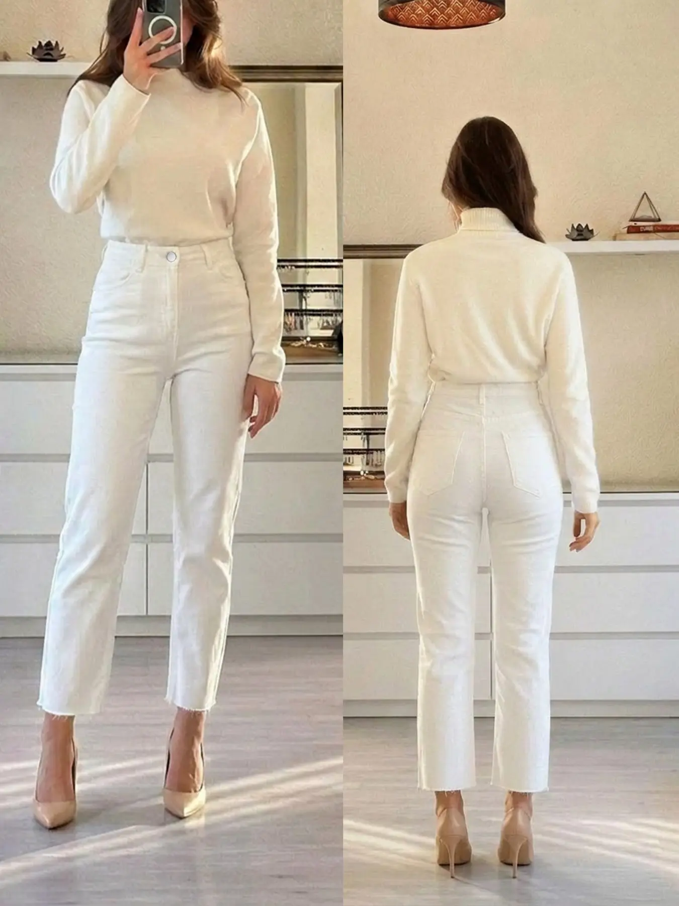 Women's Elastic Denim Jeans, Nine-Quarter Straight Leg Jeans, Fashionable Button Fly Design, All Season Daily Wear, Casual Jeans Pants