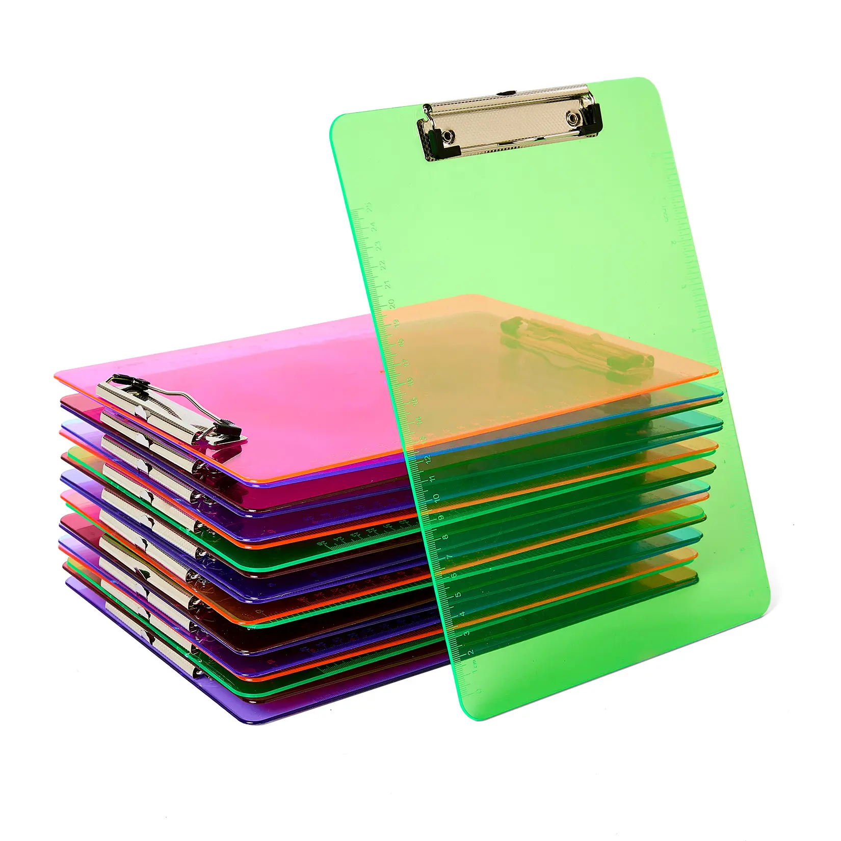 20-Pack Transparent Colored Plastic Clipboards, A4/Letter Size 12.9 x 8.8 in - Low-Profile Metal Clips - Assorted Colors - for School, Office & Training Room