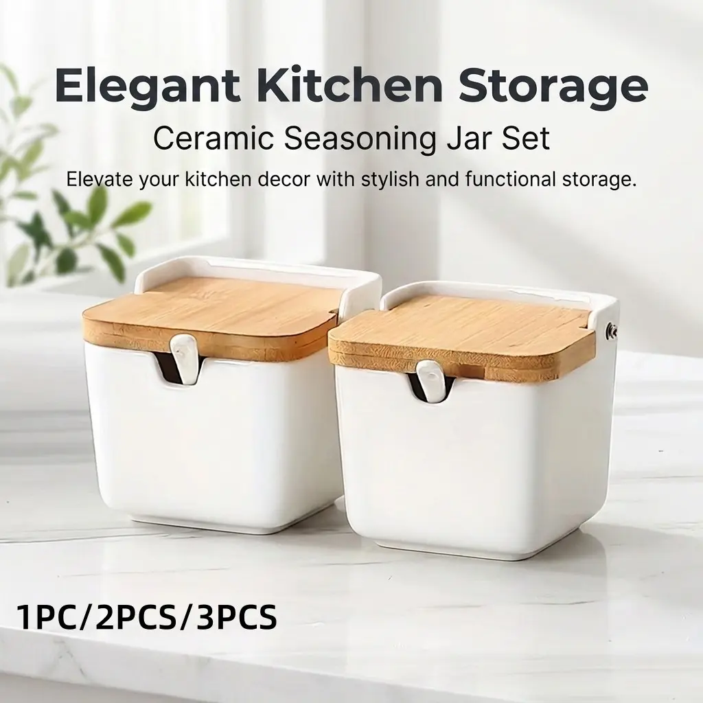 Ceramic Spice Jar with Bamboo Lid and Small Spoon, Sealed Seasoning Storage Box, Ideal for Kitchen Counter Salt and Sugar