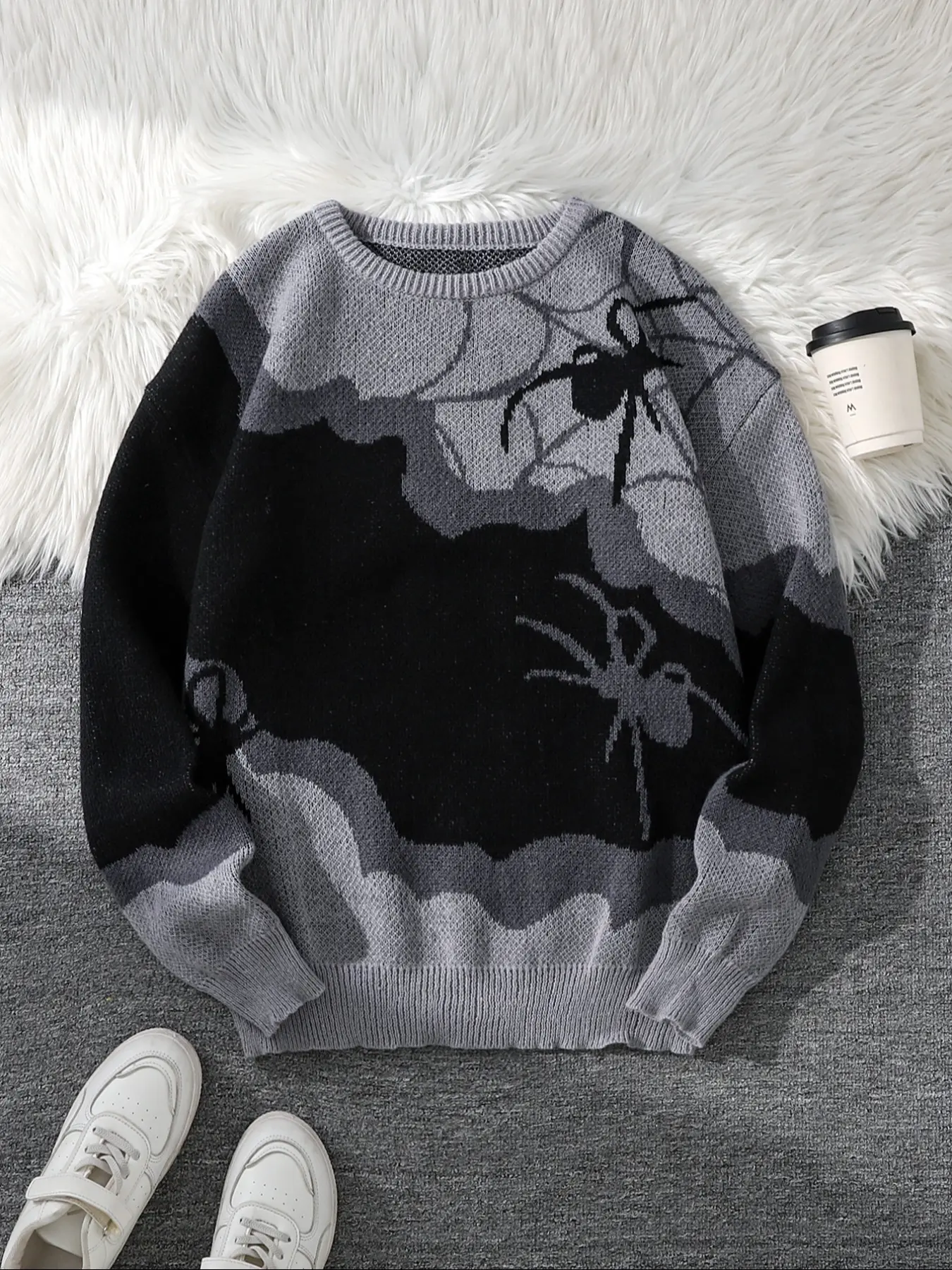 Men's Two-Sided Spider Jacquard Knit Sweater, Patchwork Round Neck Long Sleeve, Casual Fit for Fall & Winter, Couple Matching Style, Knitwear