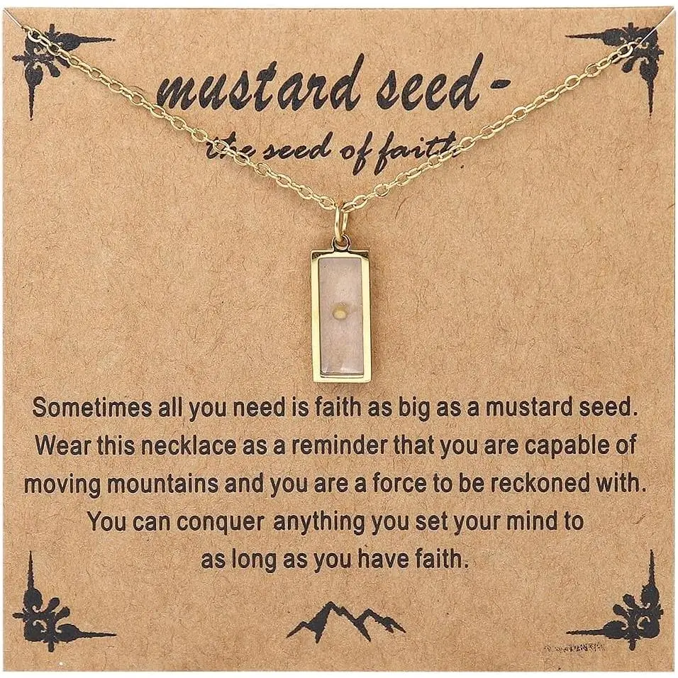 Mustard Seed Necklace - Rectangle, Round, Mountain, Hill Christian Faith Geometric Religious Inspirational  With Message Card