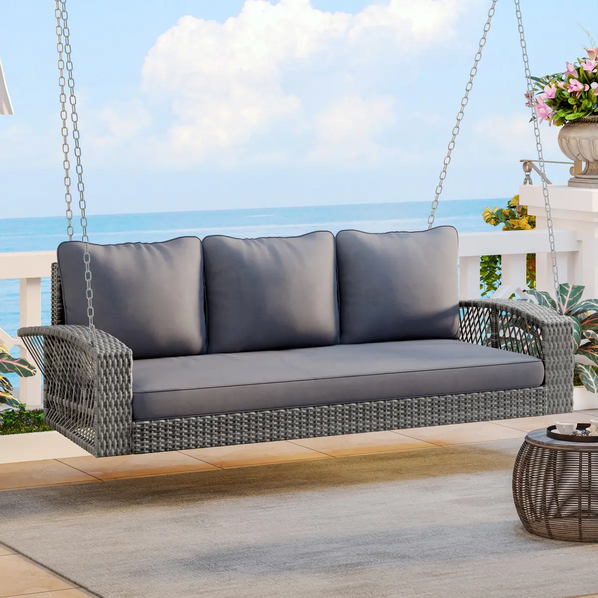 AobtkelGO 69-in Heavy Duty Double-Strand Handwoven PE Rattan 3-Person Porch Swing, 44.09lbs, 800lbs Capacity, with Chains & Cushions, Assembly Required, All-Weather All-Seasons Bench for Backyard Family Gatherings