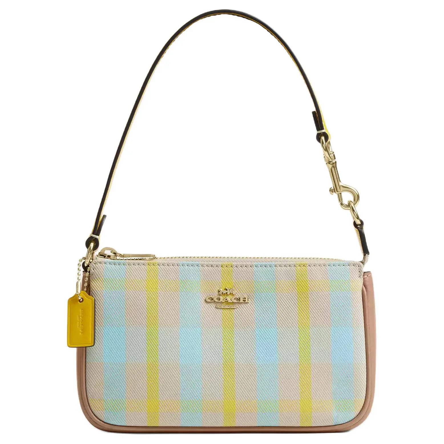 COACH Nolita 19 Checkered Print Top-Zip Crossbody Handbag for Women, Small Size, Blue and Yellow