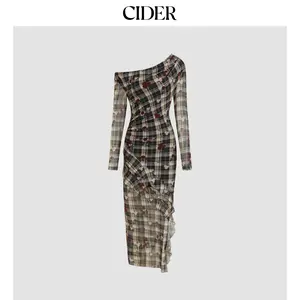 Cider [size 0-10] Mesh Asymmetrical Neck Floral Checks Ruffle Hem Maxi Dress Dealsforyou