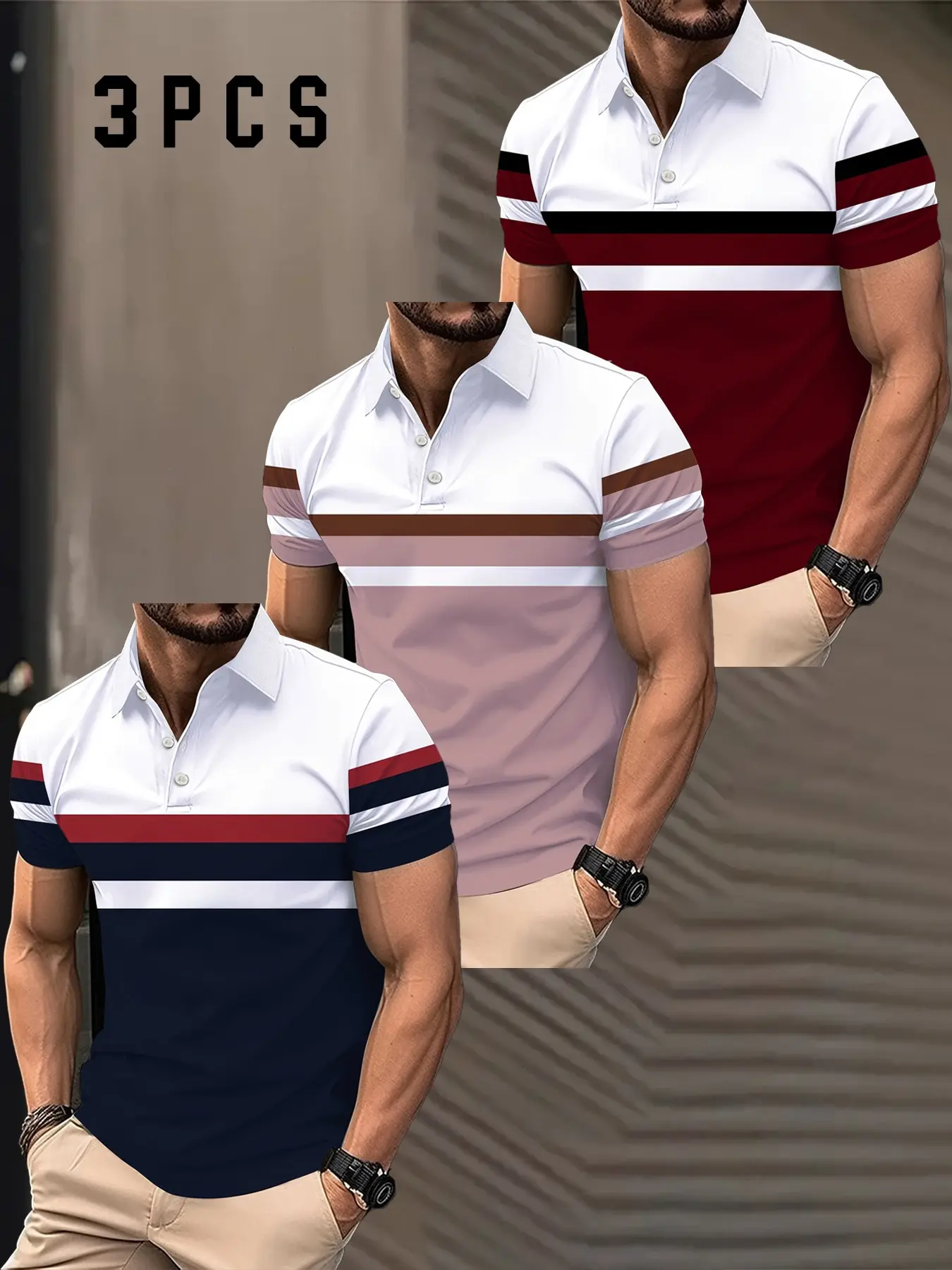 Men's Three-Piece Colorblock Horizontal Stripes Short Sleeve Print Polo Shirt, Business Casual Breathable Sportswear, Fitted Style