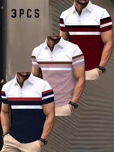 Men's Three-Piece Colorblock Horizontal Stripes Short Sleeve Print Polo Shirt, Business Casual Breathable Sportswear, Fitted Style
