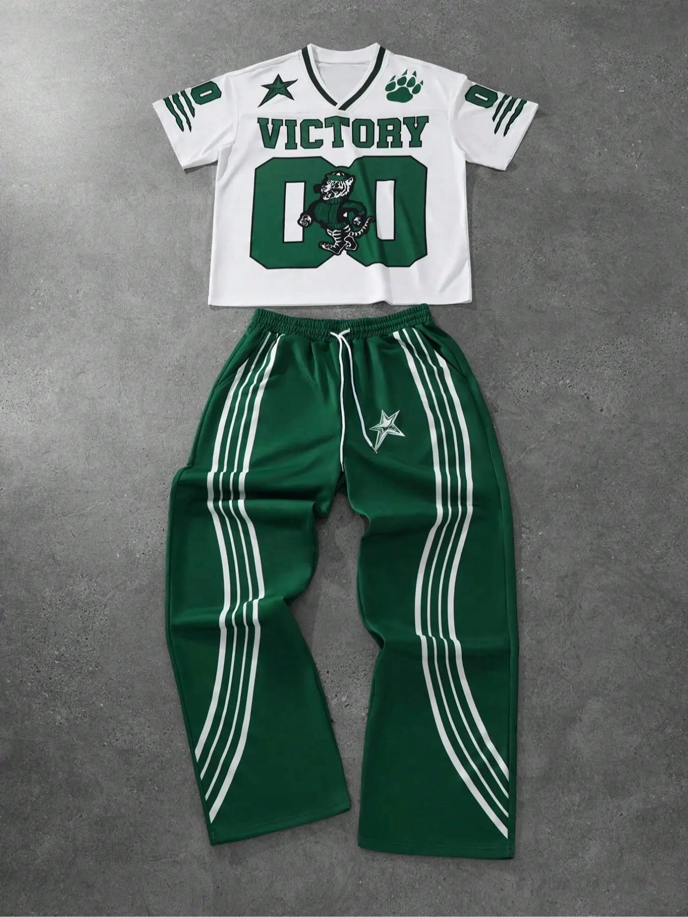 Men's Letter & Star Print Tee & Striped Trim Pants Pyjama Two-piece Set, Men's Sleepwear for Summer