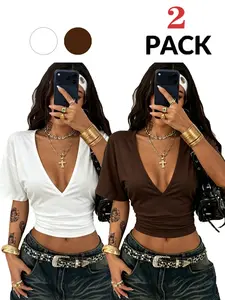 Women's 2-Piece Set: Ruched Waist Cropped T-Shirts — Stylish Summer Tops featuring a Deep V-Neck and Short Sleeves; Slim-Fit, Solid-Color Basic Design for Casual Daily Wear.
