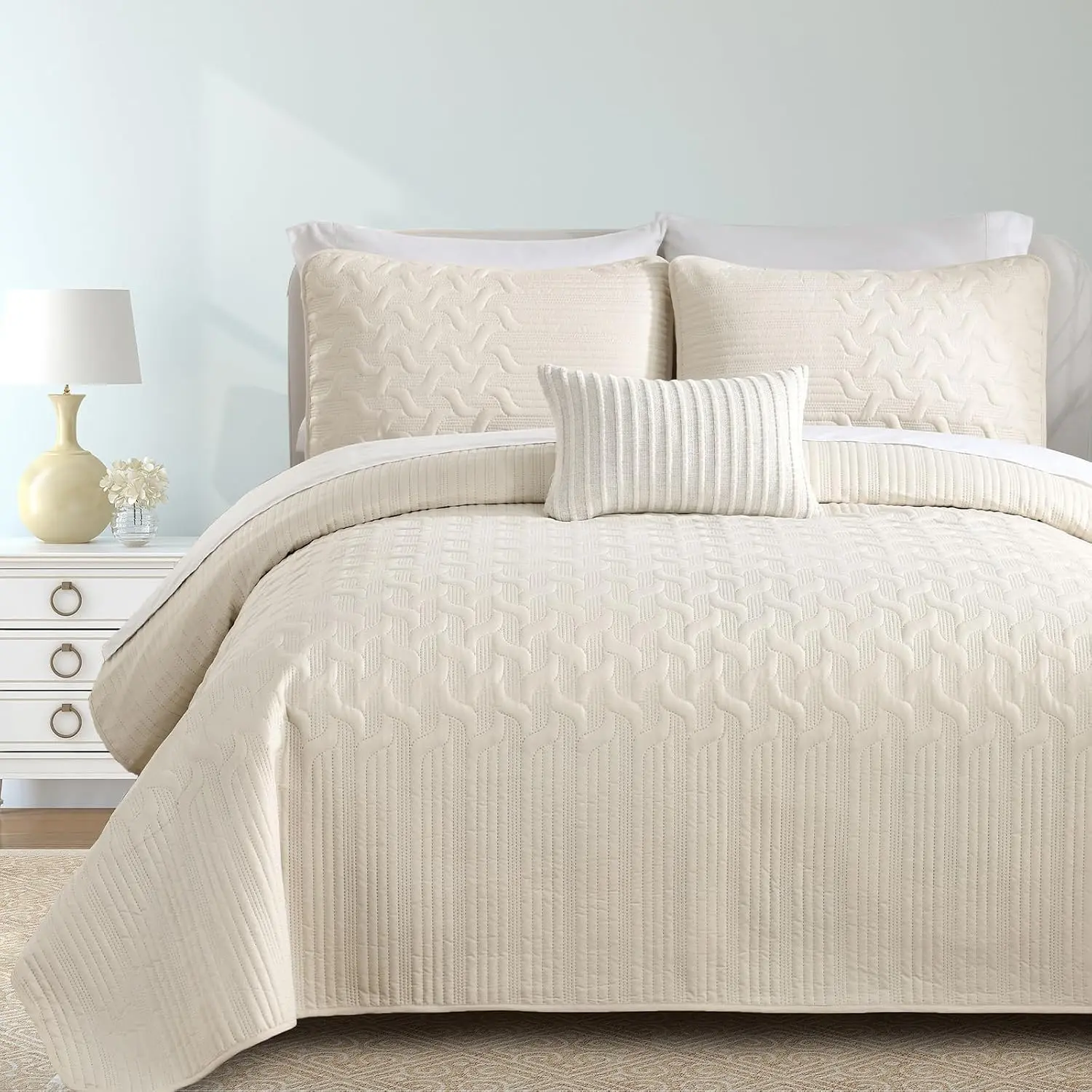 Beige Set Queen Size, Bedspread Ultrasonic Wave Pattern| Lightweight Soft Microfiber Coverlet for All Season Style, 3 Pieces Bed Cover Sets with 2 Pillowshams (96"x90")