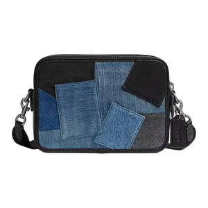 COACH Charter 24 Denim Crossbody Bag for Men – Detachable Chain Strap, Patchwork Style, Multi-Color