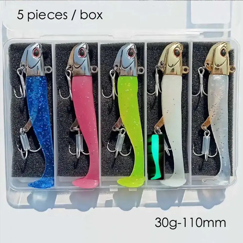5-Pack 24g/105mm Glow-In-The-Dark Soft Lure, Ideal for Sea Fishing, Mimic Bait for Mackerel, Bass, Snapper, Swim Shad, Iron Plate Soft Bait