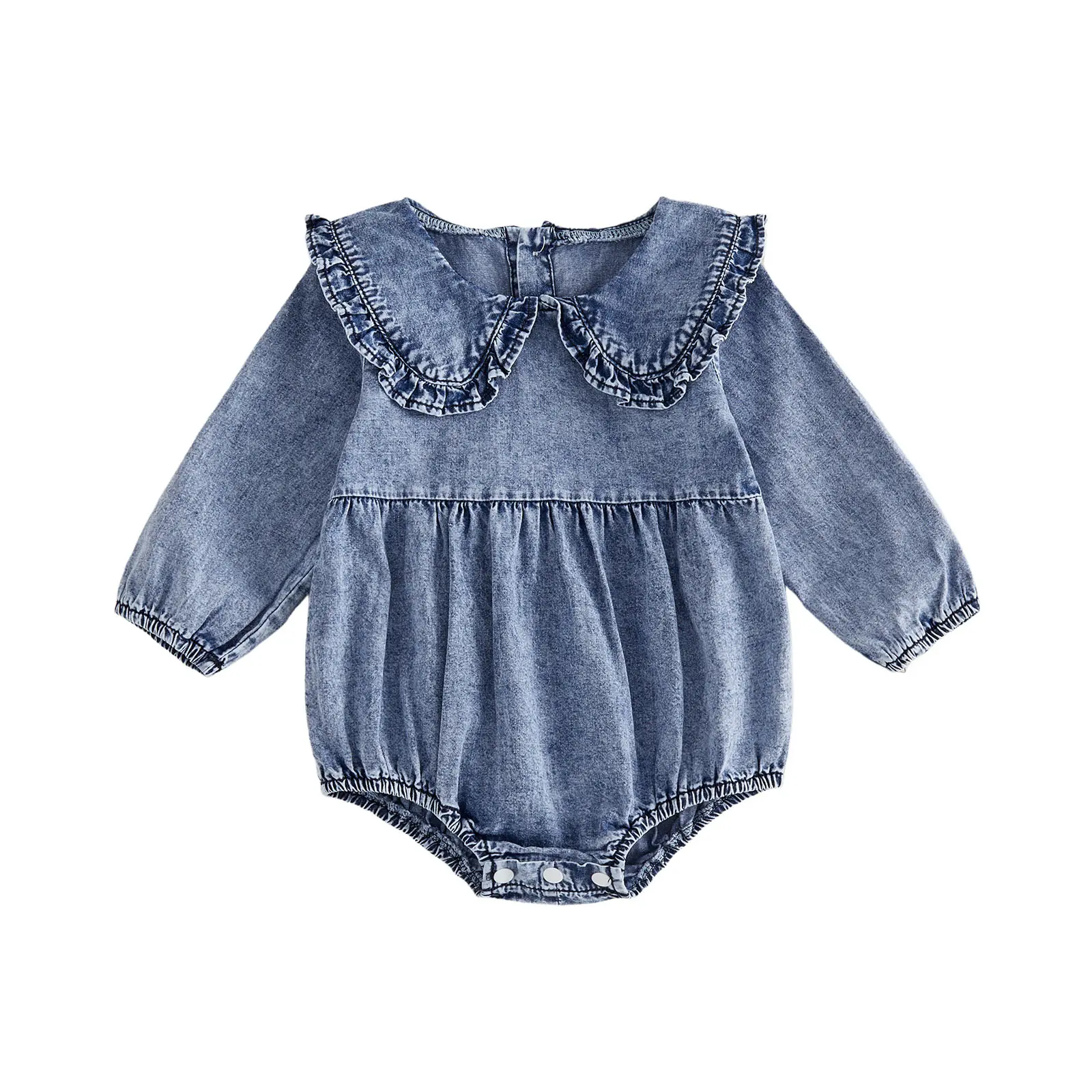 Babamoon Newborn Infant Baby Girl Bubble Romper Long Sleeve Doll Collar Solid Color Fall Denim Jumpsuit Onesie Bodysuit, Romper Baby Girls Bodysuits & One-Pieces