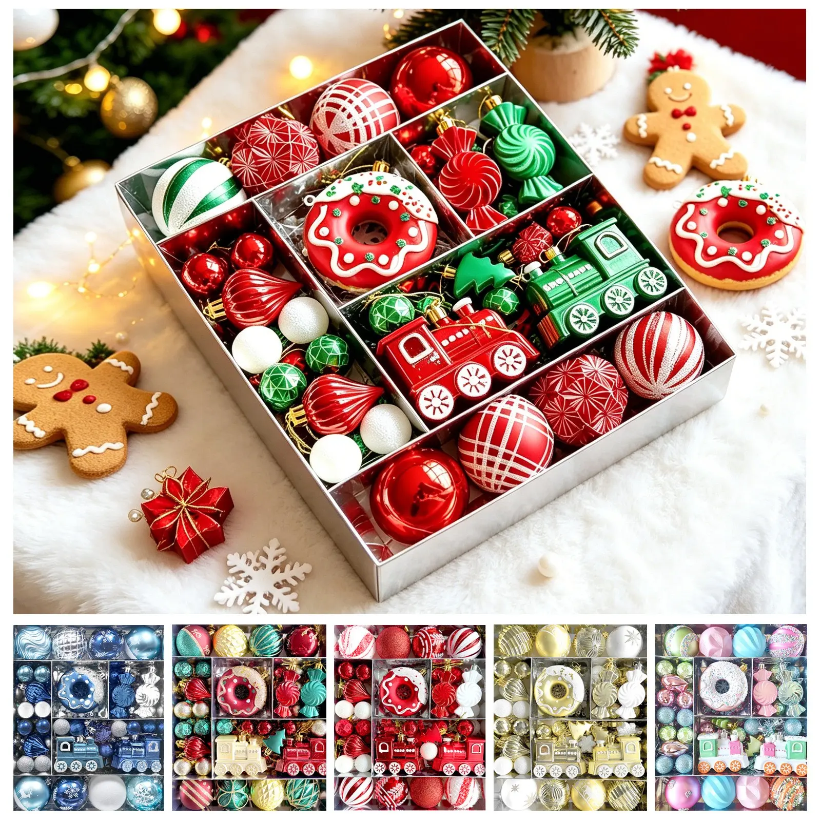 82-Piece Christmas Decoration Set, Unique Donut Train Head Painted Ornaments, Holiday Tree Hanging Decorations, New 2026 Design