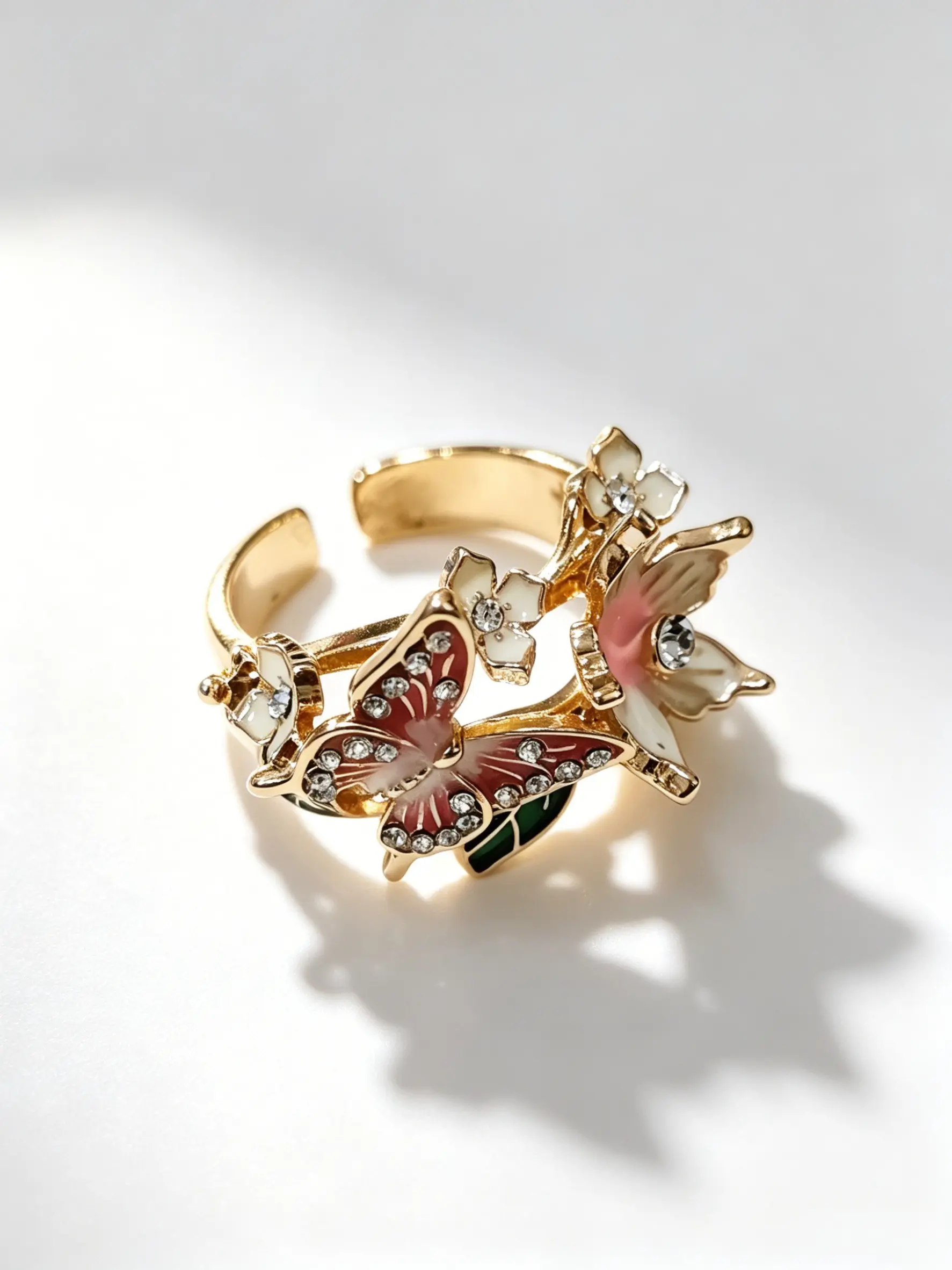 1pc Enamel Butterfly Flower Open Ring, Rose Gold Plated Adjustable Floral Bridal Statement Ring, Vintage Enamel & Crystal Inlaid, Floral Design Ring, for Women, Romantic Fairycore Jewelry, Stackable Finger Ring, Gift