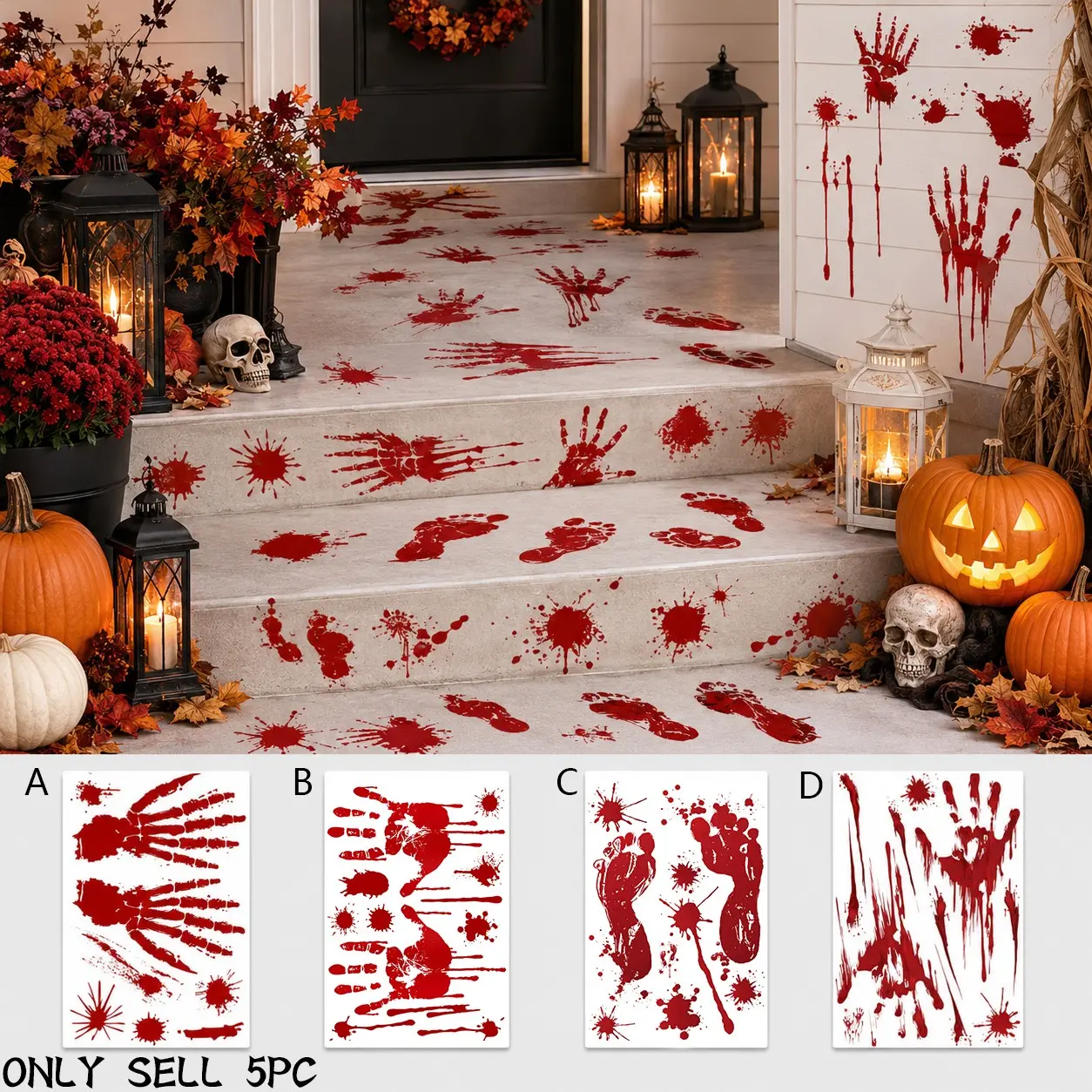 5 Piece Halloween Decorations, Bloody Handprint Footprint Window Stickers, Halloween Party Wall Floor Stickers, Horror Props