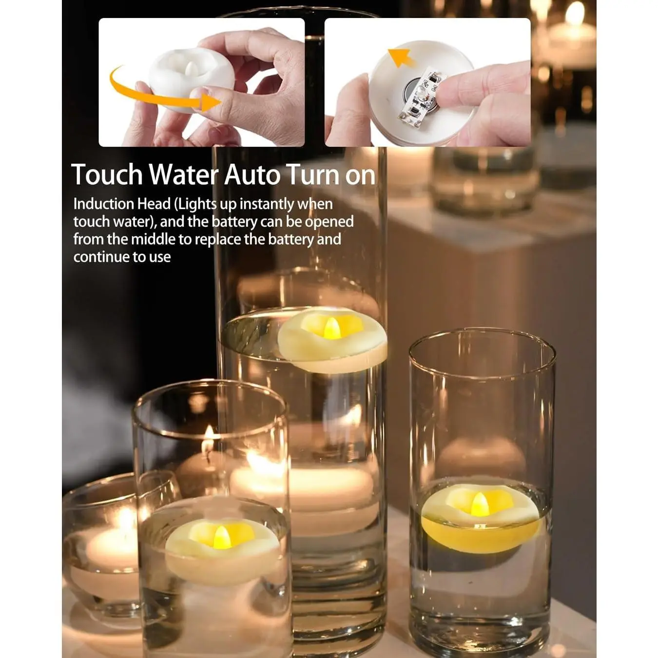 24 x 2" Floating Candle, 200 Hour Water Activated Warm White Battery Powered Flameless LED Candle for centerpieces/Bathtub/Pool/Fountain