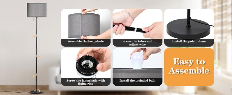 Modern 3-Way LED Floor Lamp - Simple Standing Design for Living Room, Bedroom, or Home Office - Pull Chain Tall Lamp with White Lampshade