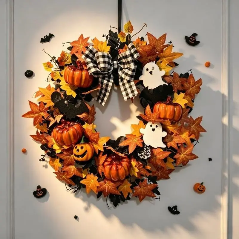 Halloween Glowing Wreath, Decorative Wreath, Realistic Maple Leaf Pumpkin Ghost Checkered Bow Door Hanging, Festive Halloween Decorations
