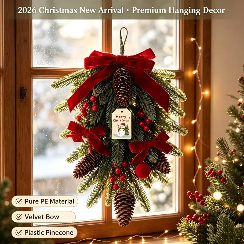 1 piece Christmas hanging ornament with water droplets and simulated pine needles, natural forest style, waterproof and durable, easy to hang and store for reusable use, suitable for home window and door decor, courtyard, and shopping mall displays