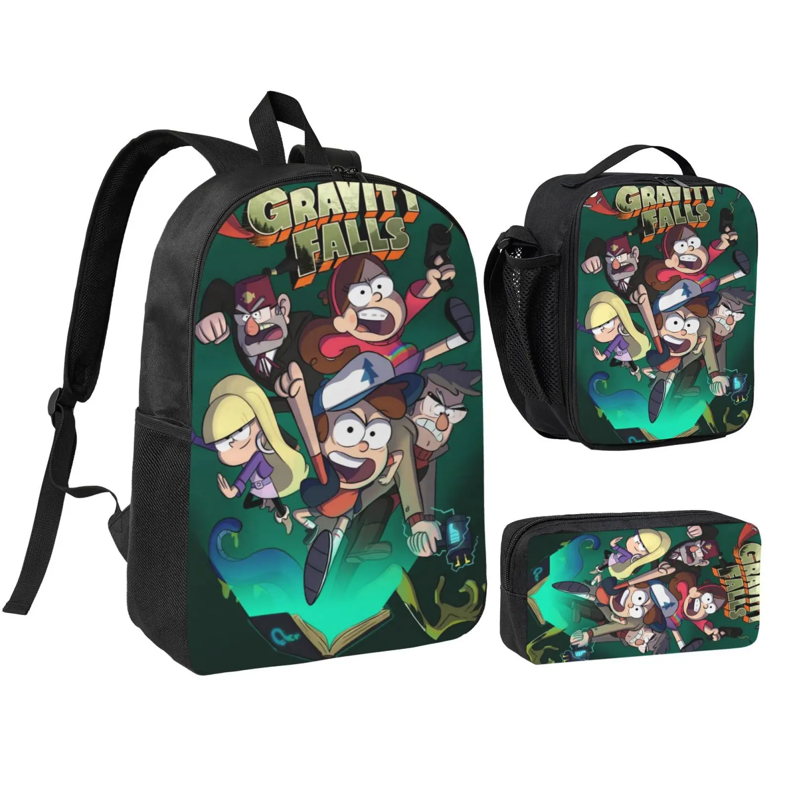 Unisex Gravity Falls Anime 3-Piece Polyester Backpack Set for Teens - Adjustable Strap School Bookbag, Waterproof Cute Cartoon Insulated Lunch Bag, Lightweight Pencil Case for School/Travel