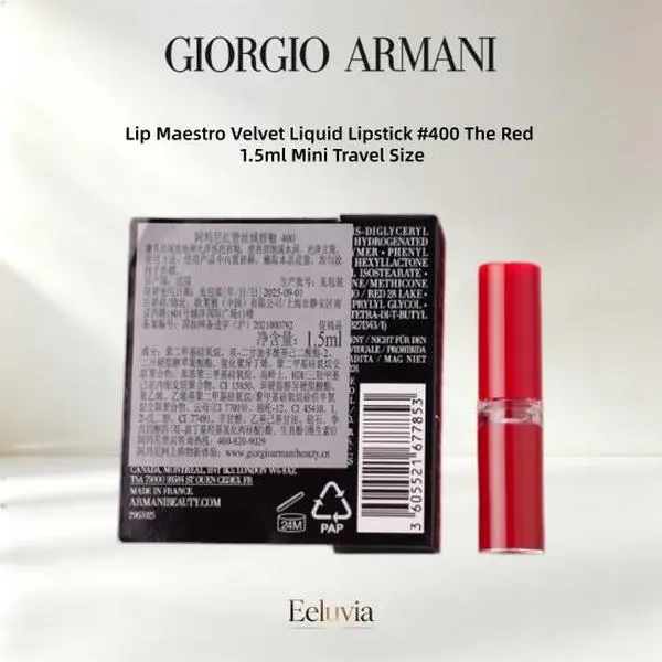 Giorgio Armani Lip Maestro Velvet Liquid Lipstick #400 The Red 1.5ml Mini Travel Size iconic classic red lip tint,long wear lip stain, high pigment lip color, mini lipstick sample, blue tone red lipstick, transfer resistant lip gloss