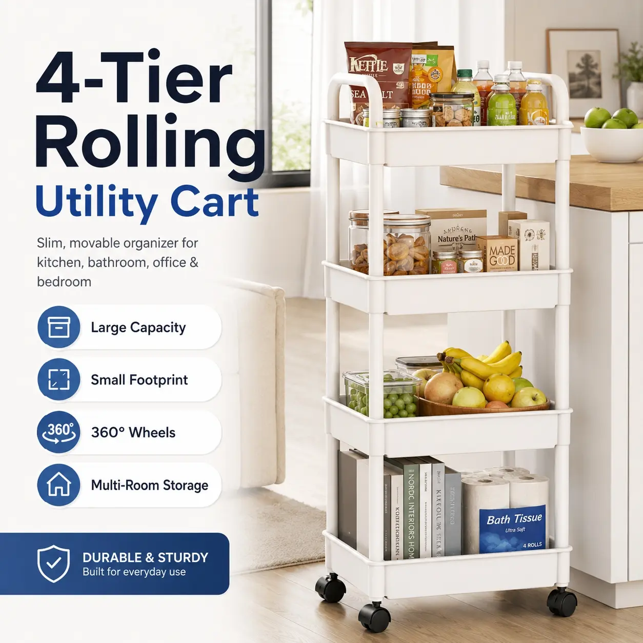4 Tier Rolling Utility Cart with Handle,Multi Functional Plastic Shelving Unit with 360° Rotating Wheels, Large Capacity Heavy Duty Storage Rack for Kitchen Bathroom Office Bedroom Living Room, Movable Slim Cart for Small Spaces, Vertical & Horizontal Use