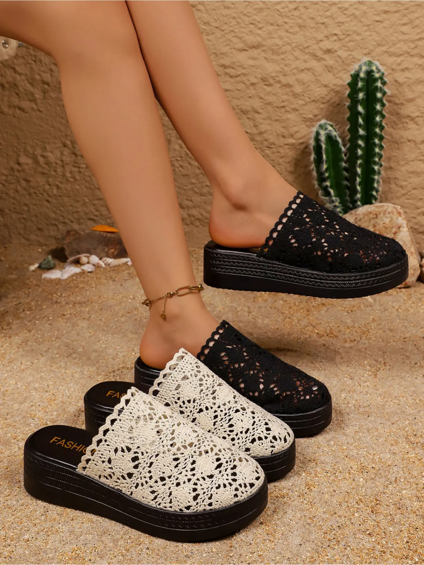 Women's Hollow Out Crochet Thick Sole Mules, Ankle Strap Design, Pair with Jeans/shorts/dresses, Summer Daily Commute, Beach Vacation, Comfortable Non-Slip Sandals