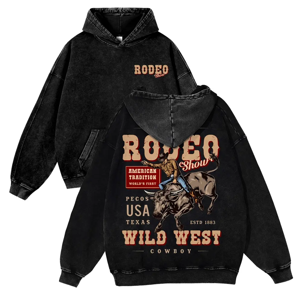 Men's Unisex Vintage Acid Wash Rodeo Show Graphic Hoodie - Oversized Wild West Cowboy Bull Print, Retro Heavyweight Pullover, Western Clothing, Streetwear Top, Graphic Hoodies