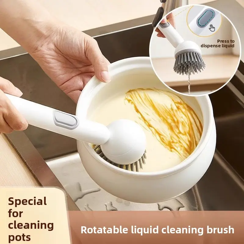 Multifunctional Rotatable Cleaning Brush with Press Soap Dispenser, Non-Scratch Pot Dish Scrubber, Hands-Free Kitchen Washing Brush Safe for All Cookware Daily Household Cleaning