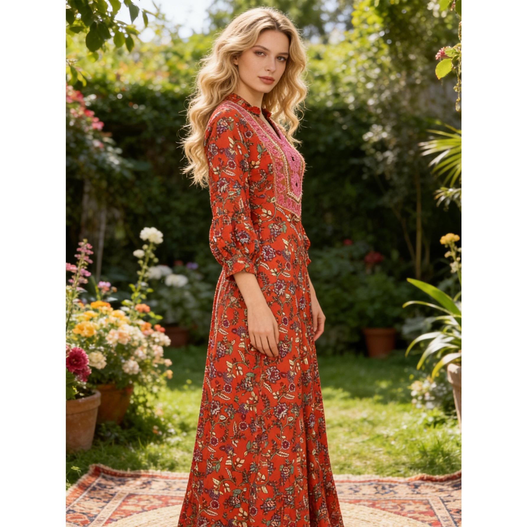 Boho Floral Rust Orange Maxi Dress Flowy Autumn Vacation Gown | S-XL Inclusive Fit | Perfect for Autumn Wedding Guest, Festivals & Sunset Photo Shoots