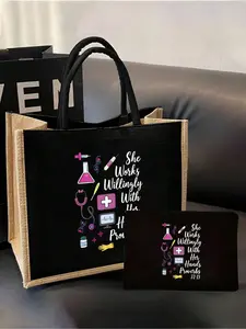 Nurse Themed Tote & Cosmetic Bag Set, Medical-Inspired Handbag with Matching Pouch, Featuring Stethoscope, Heart, Syringe, Thermometer Graphic Prints, Durable Fabric with Fixed Shoulder Strap, Reusable Casual Tote for Work