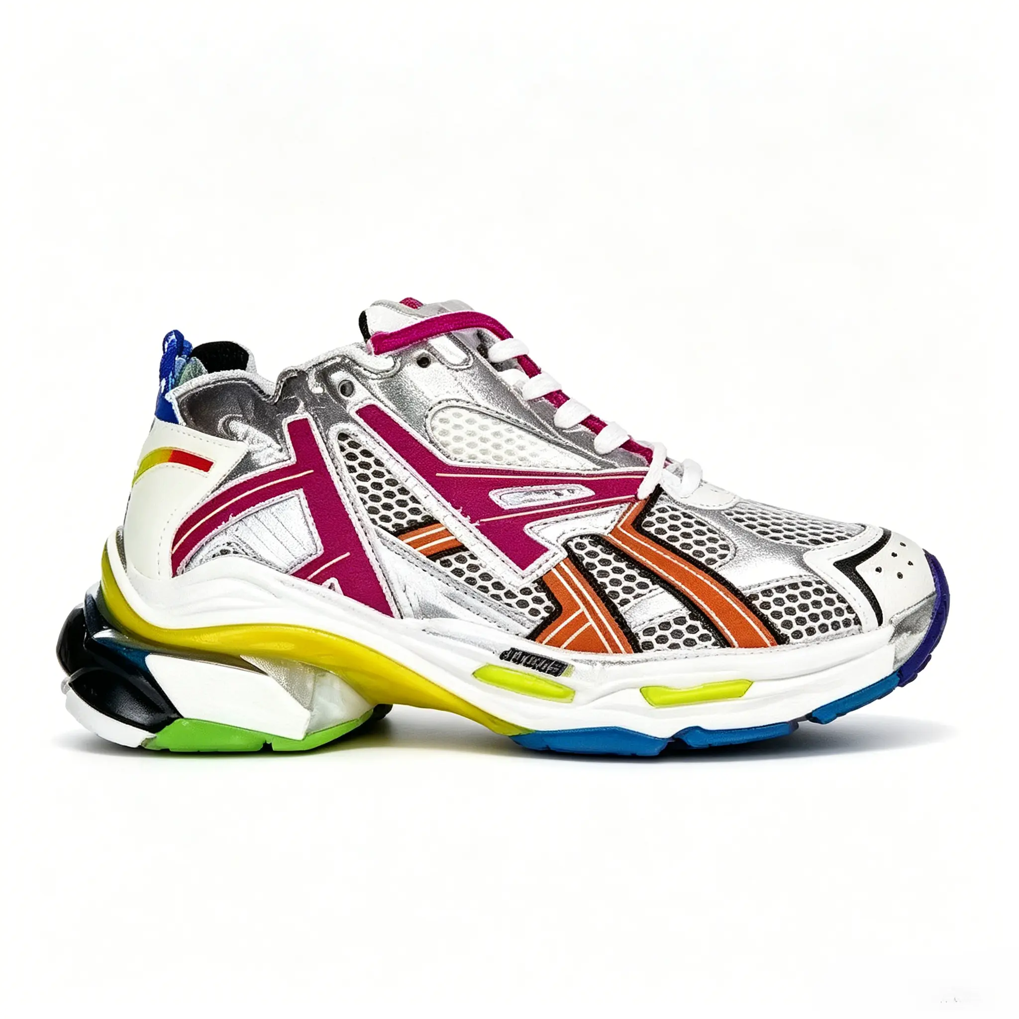 Vintage Multicolor Patchwork Runner Chunky Sneakers for Men Women Metallic Silver Mesh Platform Dad Shoes Unisex Color Block Running Sneakers, Breathable Women, Rainbow Magenta Orange M
