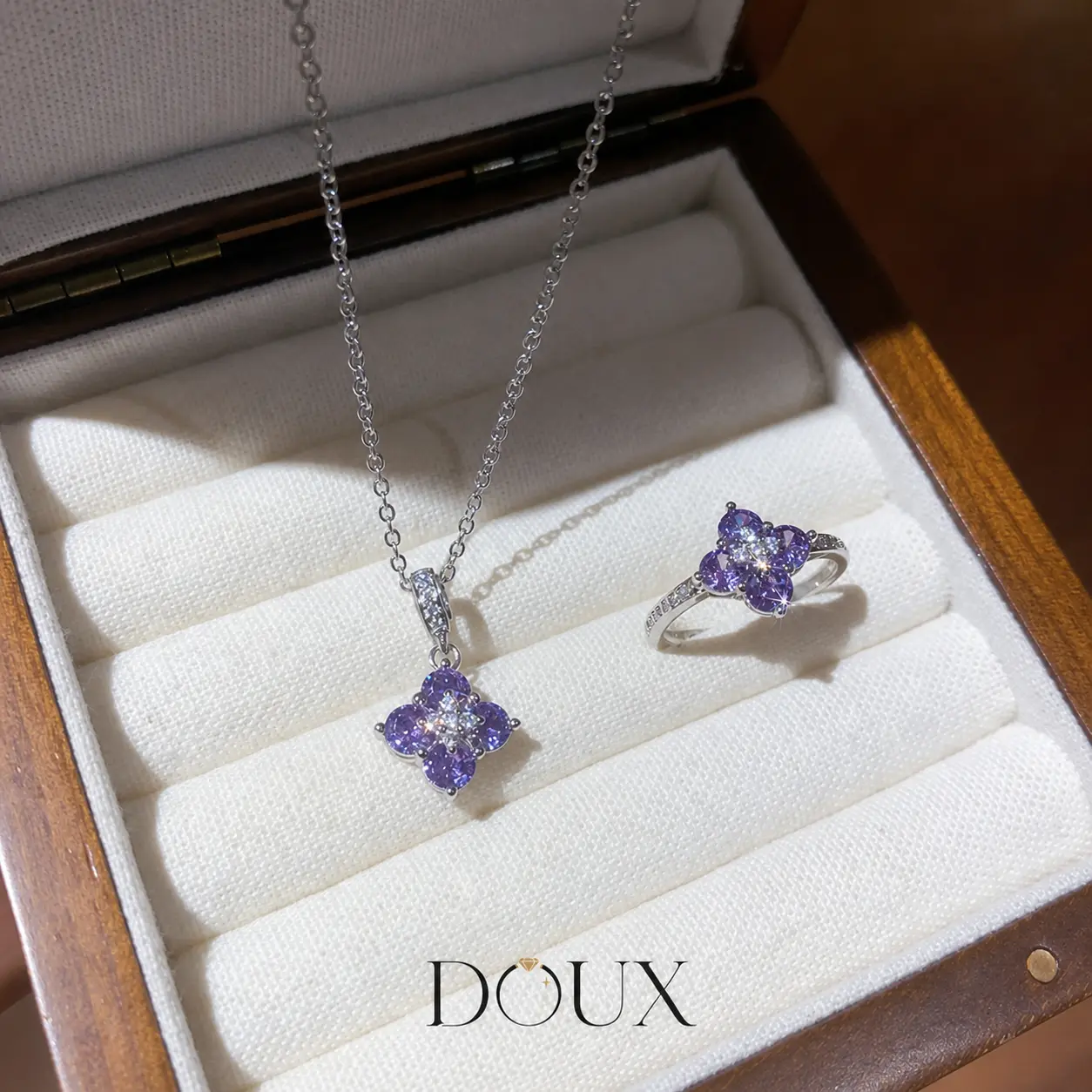 DOUX Purple Crystal Flower Jewelry Set for Women – Silver-Tone Pendant Necklace & Matching Ring