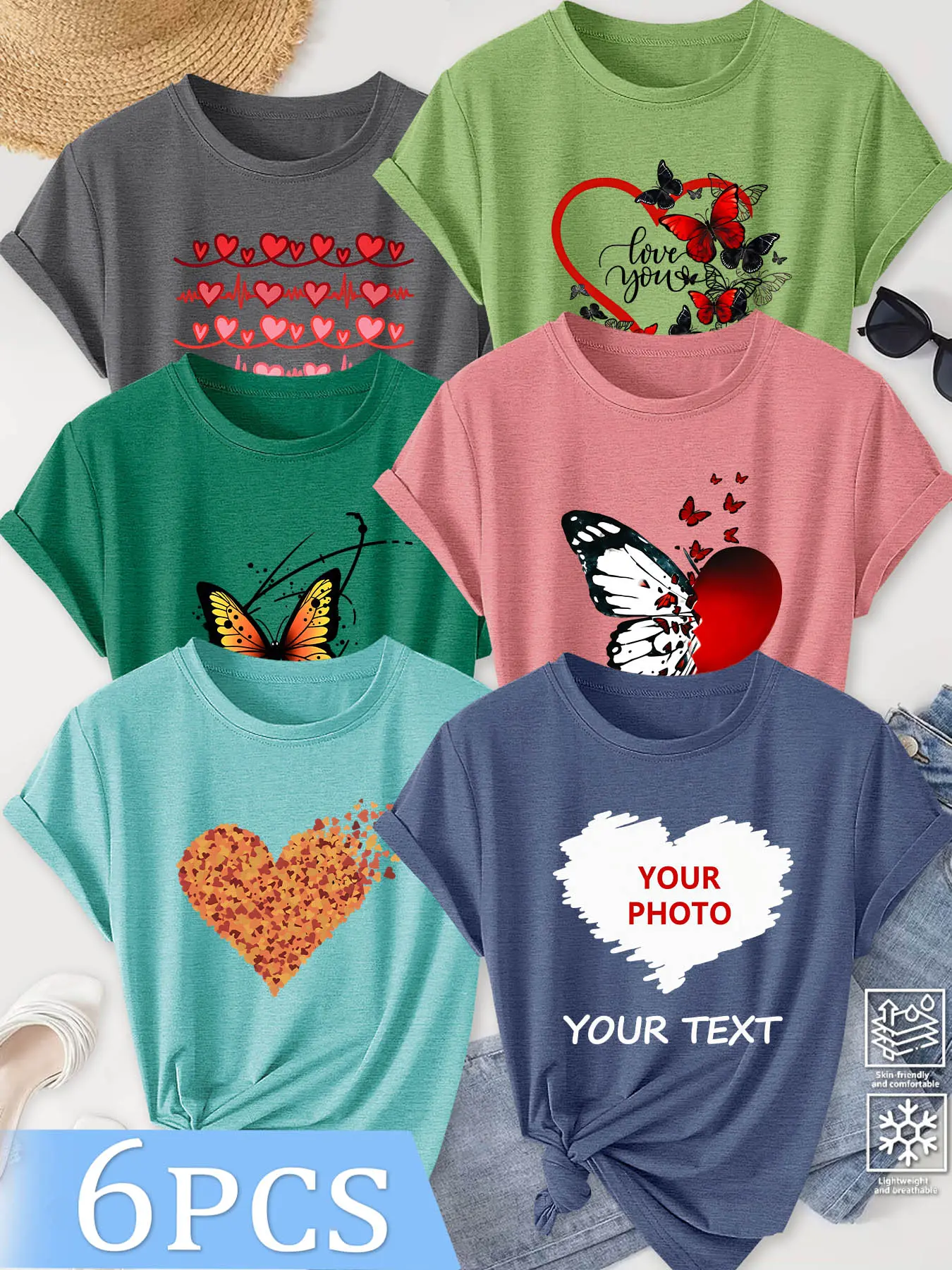 6Pcs Women Crew Neck Washed Graphic Tee, Sweet Romantic Heart Butterfly Customizable Photo Print, Multi-color Casual Washable Spring Summer Top, Soft Skin-friendly Fabric Daily Versatile Fashion Design