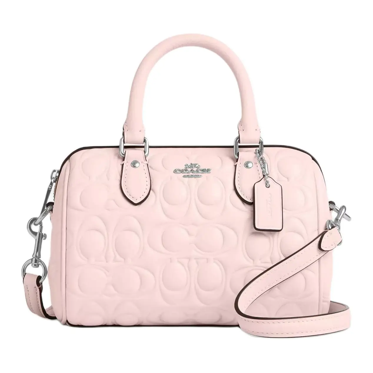 COACH Rowan 17 Printed Logo Smooth Leather Crossbody Handbag for Women, Small Size, Silver and Blush