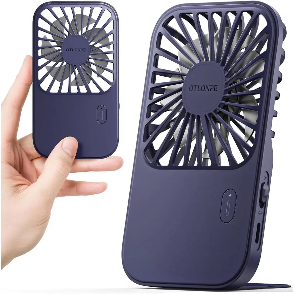 Rechargeable Mini Portable Handheld Fan, Small Personal Battery Powered Handheld Portable Fans for Hand Held Desktop Travel, Foldable Stand, Slim Cordless, Wrist Strap, 3-Speed (Blue)Gift.