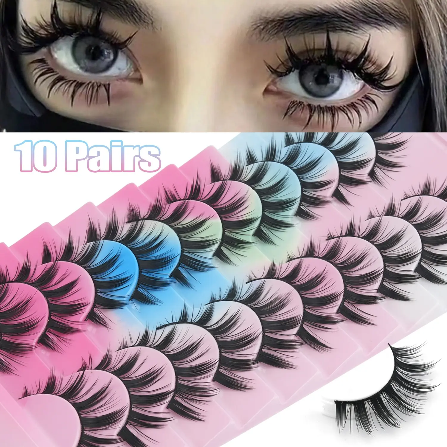 10 Pairs Japanese Anime Sharp False Lashes, 8-15mm Gradual Length, Reusable Thin Soft Fibers, Ideal for DIY Manga Makeup & Cosplay