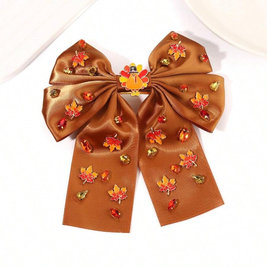 Girls Harvest Turkey Maple Leaf Hair Bow Clips Jeweled Hair Barrettes Thanksgiving Party Favors Gifts Turkey Leaf Brown