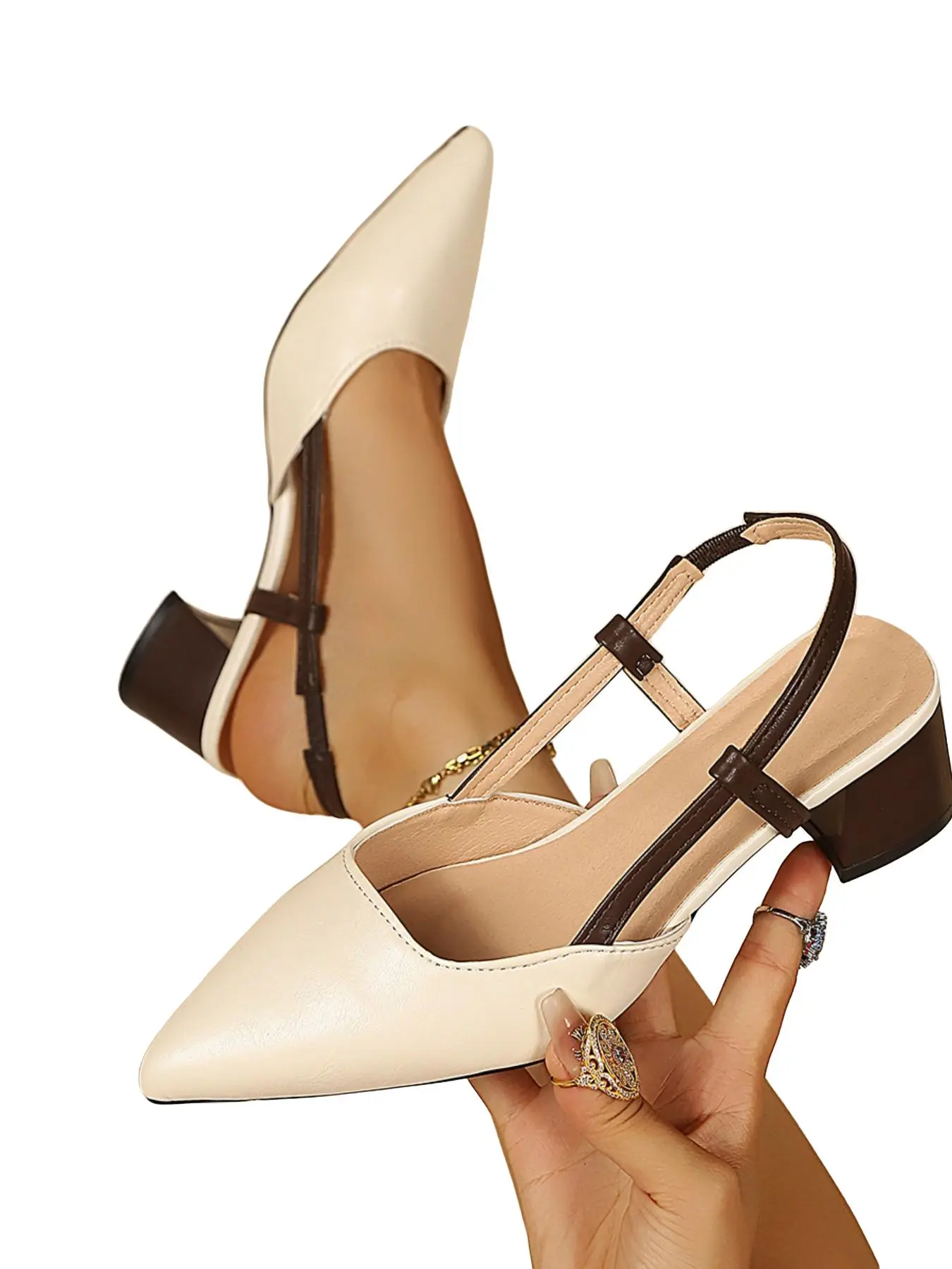 Women's Patchwork Leather Pointed Toe High Heel Elegant Classy Sandals, Adjustable Back Strap, Casual Office Wedding Guest Shoes