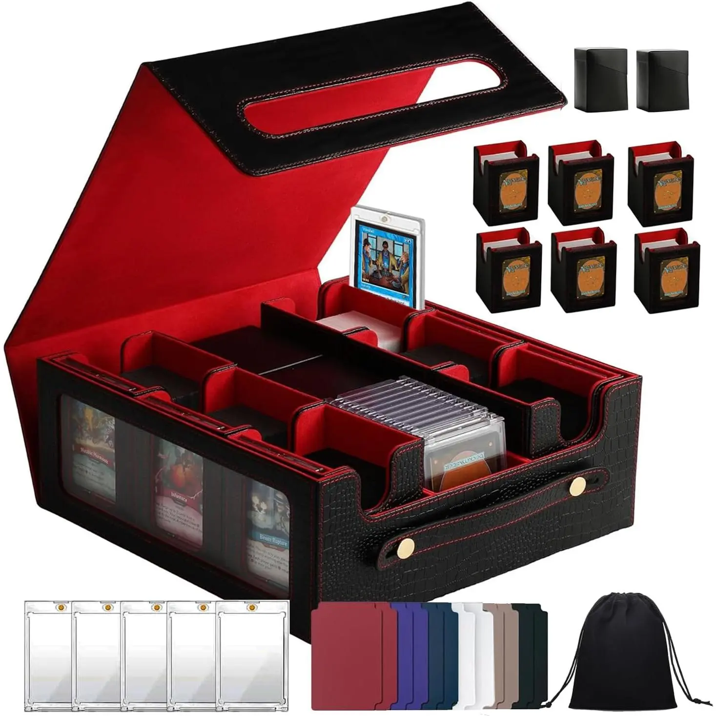 MTG Deck Box with Handle - Premium Black Red Leather TCG Storage Case, Holds 1000 Cards or 8 Commander Decks, 8 Removable Trays and 10 Dividers, Compatible with Magic, Yu-Gi-Oh!