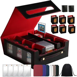 Premium Black Red Leather 9IN1 MTG TCG Storage Case with Handle, 3-Row Modular Layout, 8 Removable Trays, 10 Dividers, Fits 1000 Cards or 8 Commander Decks, for High-Volume Players & Trading Card Enthusiasts, Compatible with Magic, Yu-Gi-Oh!