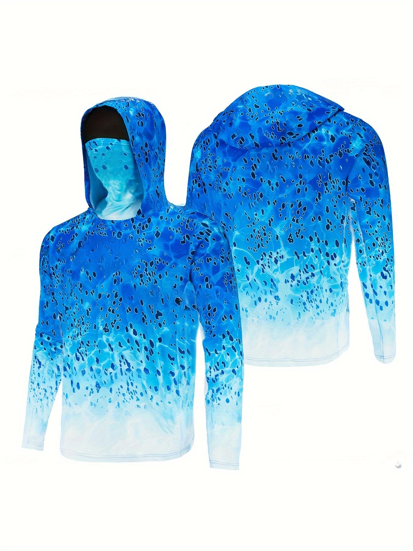 Men's summer sports fishing hoodie, sun protection neck gaiter, moisture-wicking long-sleeve sweatshirt, 92% polyester + 8% spandex knit fabric, regular fit, printed fishing top for casual weekend wear