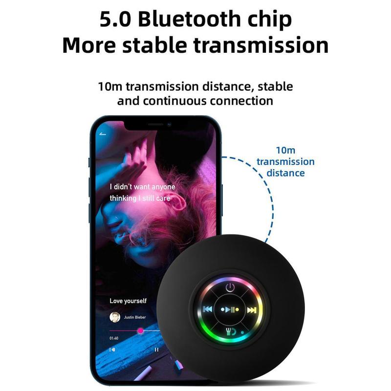 Mini Bluetooth Shower Speaker with LED Light, Portable IPX4 Waterproof, Hands-Free Speakerphone, Rechargeable Using Micro USB, Wireless Stereo for Beach, Shower & Home