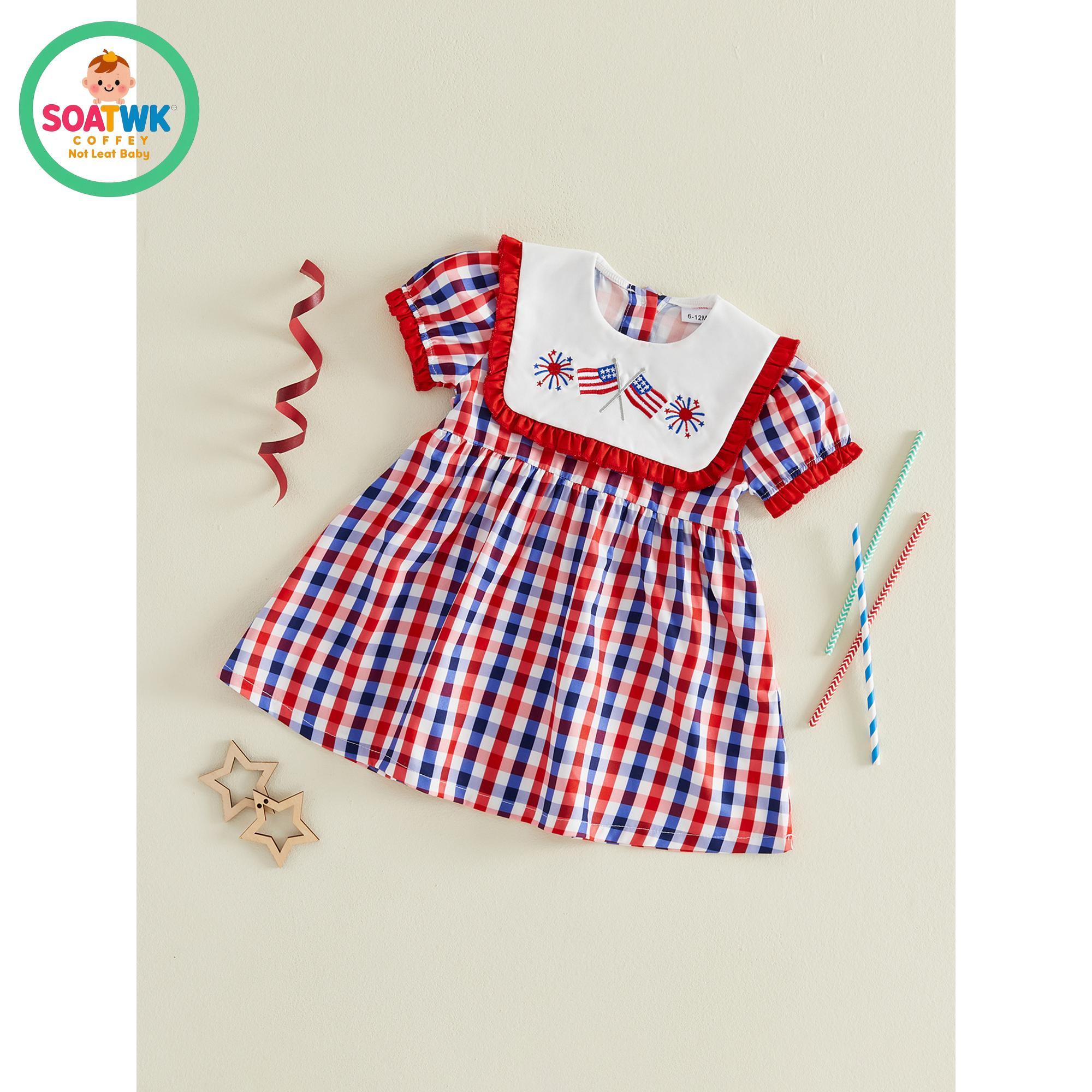 Little Girl 4th of July Dresses American Flag Firework Embroidered Short Sleeve A-line Gingham Dresses for Summer Spring